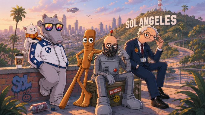 A cartoon illustration of four characters, including a robot and two humans, is set against the backdrop of the iconic Hollywood Walk of Fame.