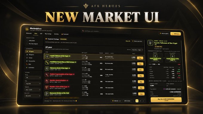 Promotional image showcasing the "New Market UI" for AFK Heroes, featuring a dark-themed marketplace interface titled "Marketplace" with sections like "All gear," filters for categories such as Weapons, Armor, Boots, and Cosmetics, and a list of items including "Cosmic Talisman of the Crypt +8," "Herobrine's Boot of the Giant +4," "Hololov's Pouch Glinttus of the Crypt +6," "Hector's Boots of Vulkan +6," "Hunter's Boots of the Giant +8," "Necromas Striders of the Void," and "Broadsword of the Void," with prices in coins like 3,890 and buttons such as "Buy" and "Buy in 2,045 SAPPHIRES."