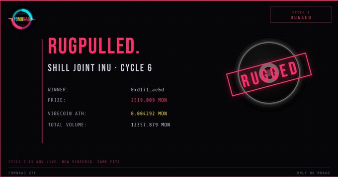 A 'RUGPULLED' announcement graphic for SHILL JOINT INU - CYCLE 6 on FOMOAD, declaring the winner 0xd171ae6d who won 2519.809 MON, noting 'CYCLE 7 IS NOW LIVE, NEW VIDECOIN, SAME FATE'.