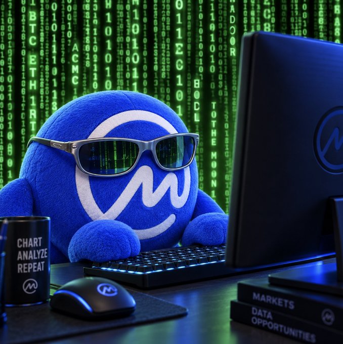 A blue plush mascot wearing sunglasses types on a computer setup against a Matrix-style green code backdrop, flanked by a "CHART ANALYZE REPEAT" mug and books labeled "MARKETS" and "DATA OPPORTUNITIES." The image visually reinforces the post's identity as a young crypto trader immersed in chart analysis, seeking fellow builders and developers in the space.