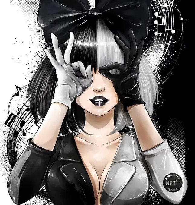 A black and white anime-style illustration of a girl with half-black, half-white hair wearing a large bow, covering her eyes with gloved hands; a 'SUBMITTED NFT 2026' badge appears in the bottom right.