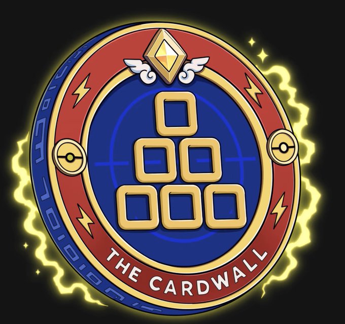A circular emblem with a blue center containing stacked gold squares, flanked by Pokéball symbols and topped with a winged gem, is labeled 'THE CARDWALL' against a black background with sparkling yellow effects.
