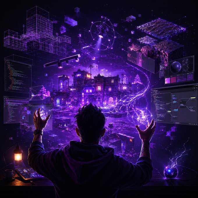 A purple-toned digital artwork showing a person from behind with hands raised, appearing to conjure or interact with a holographic futuristic cityscape, code interfaces, and glowing magical energy.