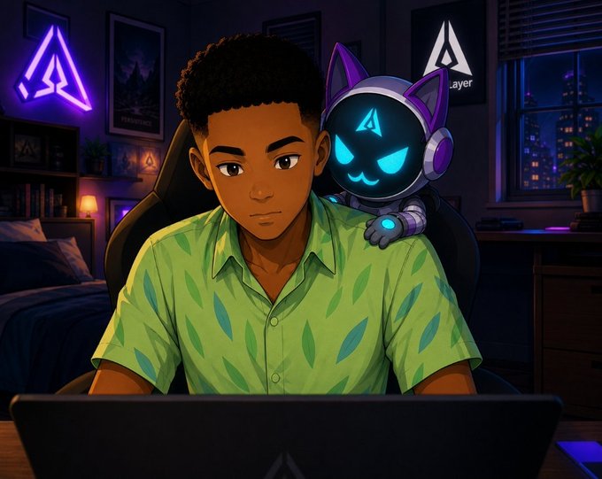 A young gamer in a green leaf-patterned shirt sits focused at his laptop while a small purple robotic cat companion with glowing cyan eyes perches on his shoulder in a neon-lit room. The GenLayer logo appears on both the cat's visor and as wall decor, connecting the tech-forward gaming scene to the post's discussion of GenLayer's AI-powered "Intelligent Contracts."