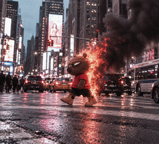 A teddy bear character is engulfed in flames while walking across a wet city street at night, with yellow taxis, a police car, and Times Square billboards glowing in the background. The fiery scene visually captures the volatile, explosive sentiment often associated with meme stocks like $BOBO on a Monday.