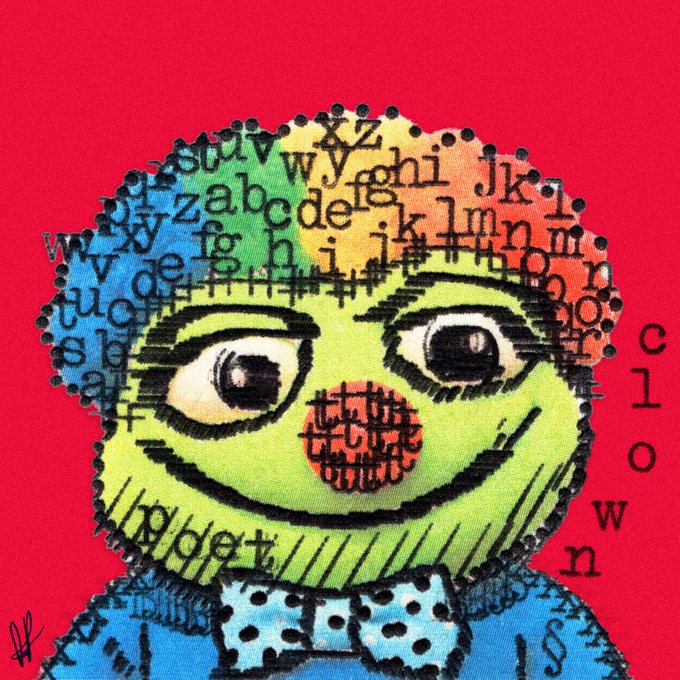 A graffiti-style painting of a green clown face on a red background, with the word 'clown' written vertically and various black letters overlaid across the face.
