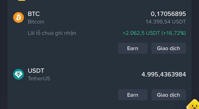 A cryptocurrency portfolio screen shows holdings of 0.17056895 BTC (worth 14,399.54 USDT, up 16.72%) and 4.995,4363984 USDT, with Vietnamese 'Earn' and 'Giao dịch' buttons.