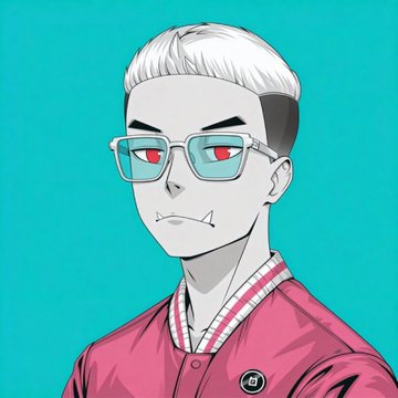A cartoon-style portrait of a pale-skinned character with white hair, red eyes, and glasses, wearing a pink and red jacket against a solid teal background.
