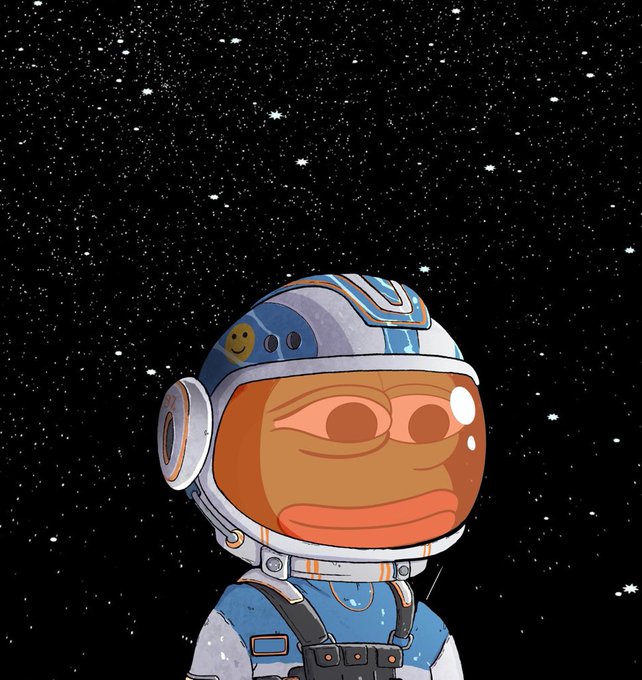 A digital illustration of a character wearing a blue and white astronaut helmet with a smiley face decal, set against a starry black space background.