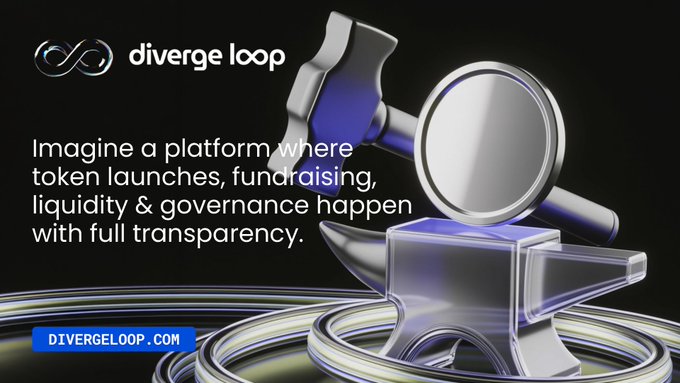 A promotional graphic for **DivergeLoop** featuring the company's infinity-style logo alongside a 3D metallic anvil and mirror motif, with the tagline "Imagine a platform where token launches, fundraising, liquidity & governance happen with full transparency" and the website "DIVERGELOOP.COM" displayed on a dark background. The polished, industrial 3D design reinforces the post's message of $DLC being a transparent, contract-driven crypto platform built on community power.
