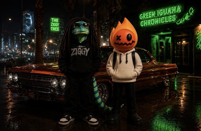 The image features two cartoon characters standing next to each other with their arms around each other's shoulders. One of them is wearing a hoodie, while the other one is wearing a backpack. The backdrop includes a car and neon signs for "Green Iguanas" and "Ziggy On Base".