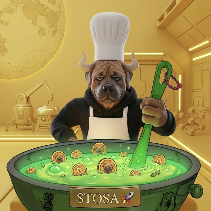 A bull-headed chef in a moonlit kitchen stirs a large green pot of "$TOSA" soup filled with Bitcoin-themed coins featuring the same bull mascot, symbolizing the "TOSA inu Army" cooking up a "generational paradigm shift" on the BNB Chain as a dominant meme token.