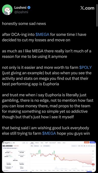 In the image, there are two posts displayed side by side. The first one appears to be a screenshot of a Twitter account or page with text posted by someone named Loshmi. She seems to be sharing news about some sad content she has come across on her Facebook feed, which includes a screenshot of a stock market chart indicating a decline in value for the $Mega symbol. This information is being shared as part of a conversation among multiple people who have viewed these posts and are responding with their thoughts or reactions to this new piece of news.