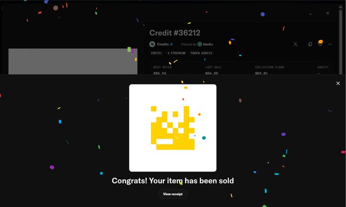 A Blurks NFT platform confirmation screen displays 'Congrats! Your item has been sold' with a yellow pixelated crown icon and confetti, showing Credit #36212 for a token #36315.