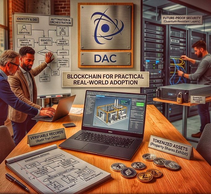 A promotional scene for DAC blockchain featuring people working with laptops and servers, with a banner reading 'BLOCKCHAIN FOR PRACTICAL REAL-WORLD ADOPTION' and labels for 'IDENTITY & DID', 'FUTURE-PROOF SECURITY', 'VERIFIABLE RECORDS', and 'TOKENIZED ASSETS'.