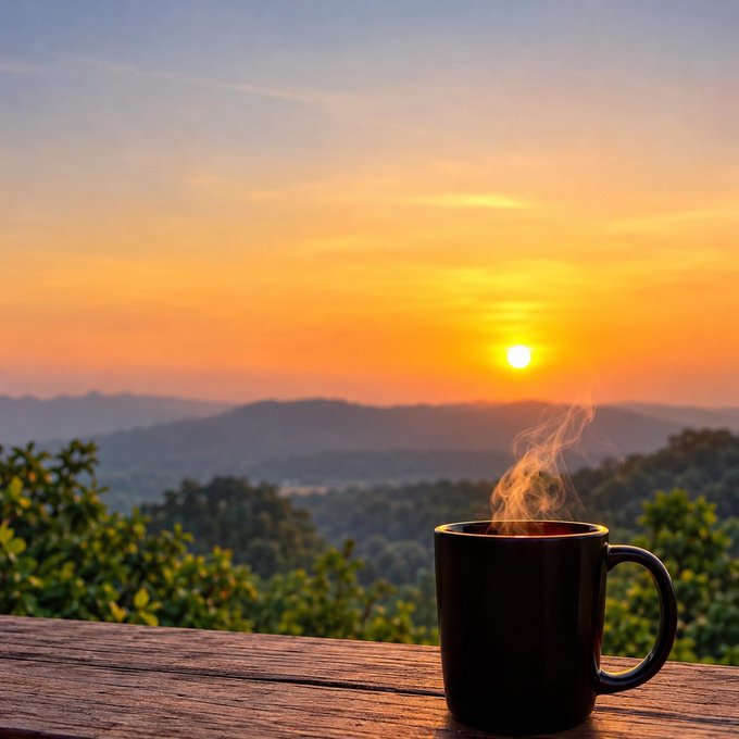 A steaming black coffee mug sits on a wooden table against a serene sunrise over misty mountains, capturing a quiet moment of reflection amid the fast pace of Web3. The peaceful morning scene mirrors the calm, focused mindset needed to navigate the constant flow of new projects and narratives.