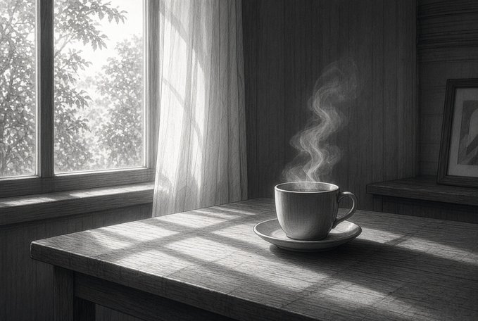 A black and white pencil-style illustration of a steaming cup of coffee on a saucer, sitting on a wooden table beside a curtained window with sunlight streaming through.