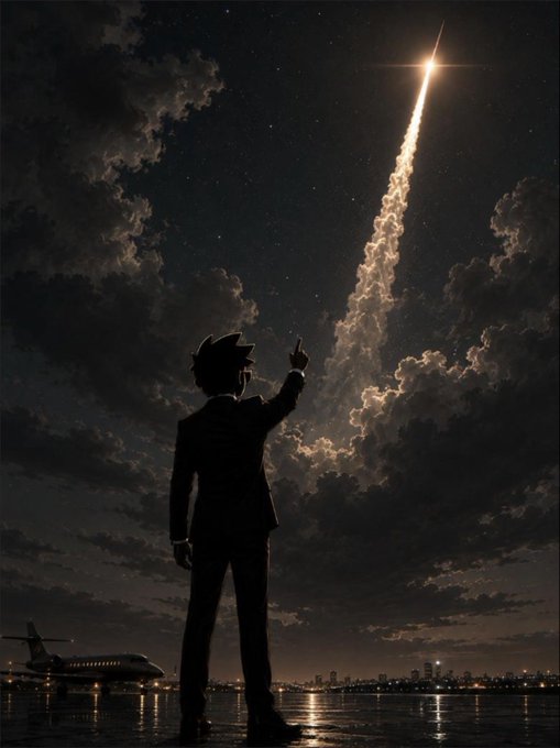 A silhouetted figure in a suit points toward a blazing rocket shooting across a starry night sky, with a city skyline and airplane in the background. The image powerfully echoes the post's metaphor of a sudden, unstoppable market move—suggesting $MANIFEST is the rocket already in flight, impossible to look away from as it accelerates beyond reach.