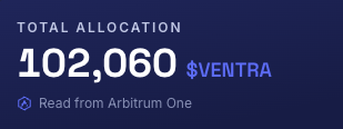 The image shows a dark blue card displaying "TOTAL ALLOCATION" of "102,060 $VENTRA," read from Arbitrum One, indicating the user's airdrop reward amount from the Ventran distribution for Arbitrum users.