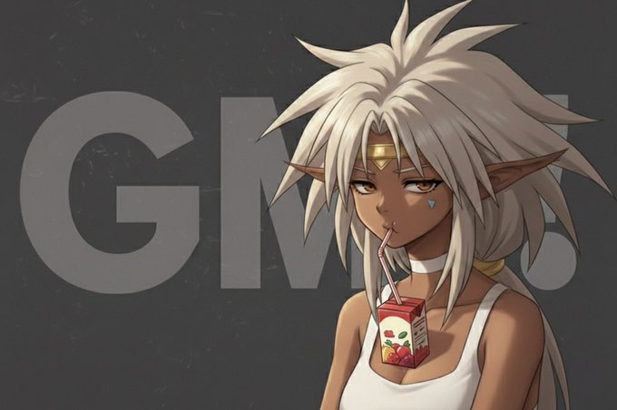An anime-style illustration of a dark-skinned elf character with white spiky hair and pointed ears, sipping from a juice box, with 'GM' visible in the background.