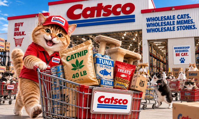 An AI-generated parody image shows a 'Catsco' warehouse store featuring an anthropomorphic cat employee in a red uniform pushing a shopping cart filled with cat-themed products like 'CATNIP 40 LB' and 'TUNA 96 PACK', with signs reading 'BUY IN BULK' and 'WHOLESALE CATS. WHOLESALE MEMES. WHOLESALE STONKS.'