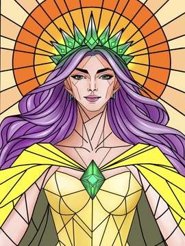 A stained glass-style illustration of a regal woman with flowing purple hair, wearing a green crystal crown and yellow cloak, radiating golden light behind her. The image's "Graceful Power" theme and ethereal beauty align with the post's mention of an "Oceanic Fairy" NFT from the $XTZ collection.