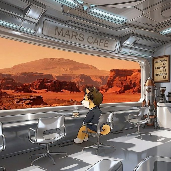An anthropomorphic Shiba Inu sits alone at the "Mars Cafe," sipping coffee while gazing out the window at the red Martian landscape. A menu board displays specialty drinks: Marspresto (3.0), Puppuccino (2.5), and Bone Broth (3.5), capturing the post's hopeful vision of one day sharing coffee on Mars.