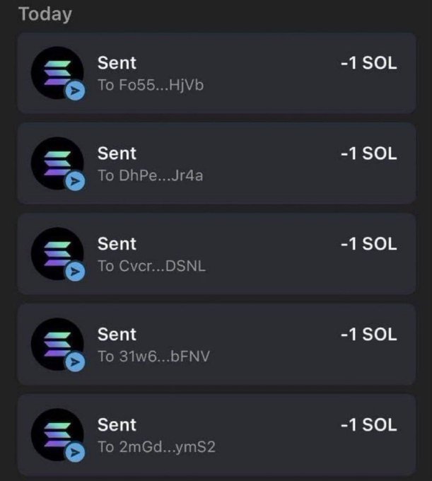 The image shows a cryptocurrency transaction history displaying five "Sent" transactions, each for "-1 SOL," sent to different abbreviated wallet addresses (Fo55...HjVb, DhPe...Jr4a, Cvcr...DSNL, 31w6...bFNV, and 2mGd...ymS2) on the Solana blockchain. This visual supports the accompanying post's claim of distributing 1 SOL to the first 2,300 wallets, illustrating the bulk airdrop/claim process in action.