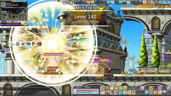 Screenshot from MapleStory showing a level up to 242 with a 'MULTIKILL' notification and bright visual effects during gameplay.