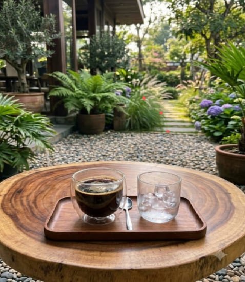 A wooden tray holding a glass of dark coffee and a glass of ice water sits on a round wooden table in a lush garden setting with stone pathways and tropical plants.