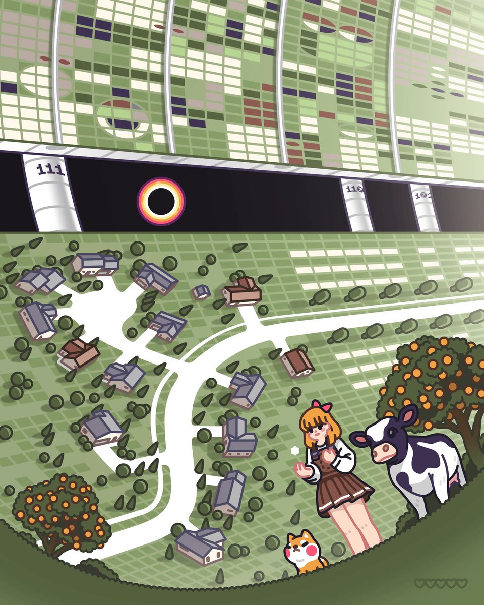 The image features a cartoon girl standing next to a cow, with an orange tree nearby. The girl appears to be looking at something or someone off to her right side. In the background, there are houses that seem to be part of a village scene. The caption reads "gmooo me heard people love cow now coowper station - 5 ed. - 0.03eth". This suggests that the image is related to an event or gathering where people have come together for a special occasion involving cows and villages, possibly as part of a festival or celebration.