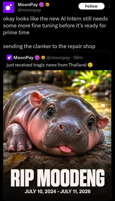A tweet from MoonPay (@moonpay) shows a fake "RIP MOODENG" memorial graphic of a baby hippo dated July 10, 2024 – July 11, 2026, with the caption joking that the "new AI Intern still needs some more fine tuning." The post relates to the fraudulent announcement of Moo Deng's death, which the $MOODENG token shrugged off by gaining 6%.