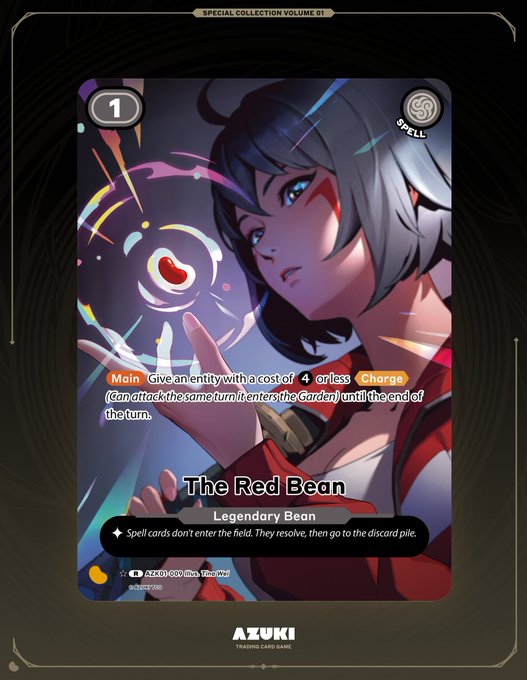 The image shows a trading card titled "The Red Bean," a Legendary Bean spell card from the Azuki TCG with a cost of 1, depicting an anime-style character with dark hair conjuring a glowing red orb. The card is labeled as part of the "Special Collection Volume 01" and features gameplay text explaining that giving an entity with a cost of 4 or less Charge allows it to attack again that turn—aligning with the post's reveal of this alt art available at the Azuki Booth during Anime Expo.