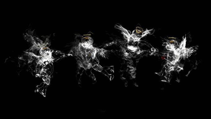 A dramatic black and white artistic photograph or composite depicting four ethereal, angel-like figures with halos in mid-flight or floating, composed of smoke or wispy textures against a pure black background.