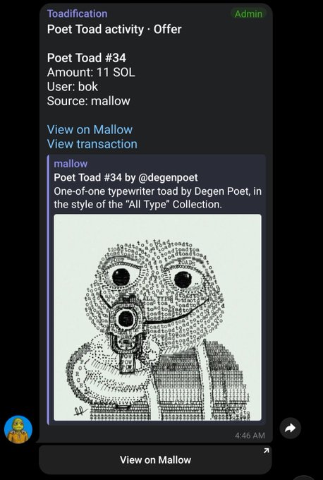 A screenshot of a Telegram message titled 'Toadification' advertising 'Poet Toad #34' by @degenpoet for 11 SOL, featuring an ASCII art image of a frog holding a gun.