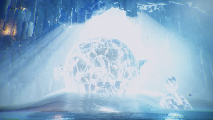 A fantasy digital artwork depicting a glowing, crystalline structure or portal in an icy cave setting, with bright light streaming through and a smaller ice figure visible to the right.