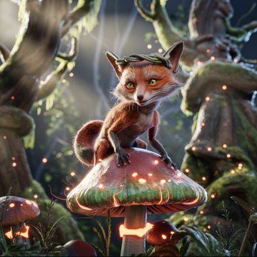 A whimsical fox-goblin creature with pointy ears and a small green hat perches atop a glowing red-capped mushroom in a sunlit forest, surrounded by floating sparkles and lush greenery. The image visually brings to life the Fox Goblin NFT collection referenced in the post, showcasing the enchanting artwork that participants have a chance to win in the giveaway.