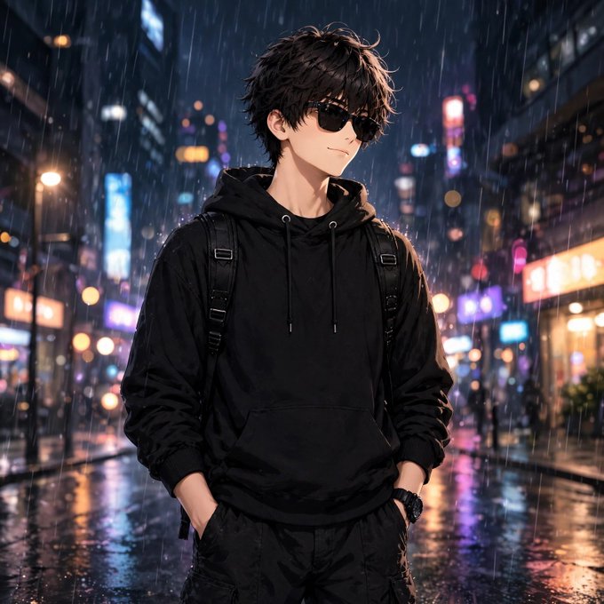 An anime-style illustration features a young man with messy dark hair, sunglasses, and a black hoodie standing in the rain on a neon-lit city street, carrying a backpack.
