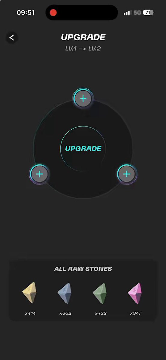 The image shows a phone screen with an app icon, which appears to be a game or a challenge. The main focus of the image is a message that reads "Upgrade" followed by three different icons representing upgrades for various items such as sneakers, crystals, and other objects. The text also mentions that there are four new items available in the app store. The background color of the screen is black, which contrasts with the white text on the phone's display.