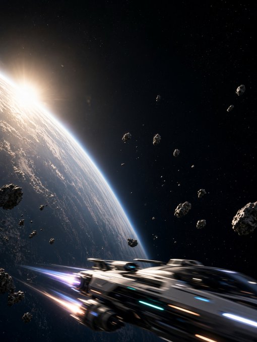 A futuristic spaceship with glowing blue thrusters flies past asteroids near a large planet in outer space.