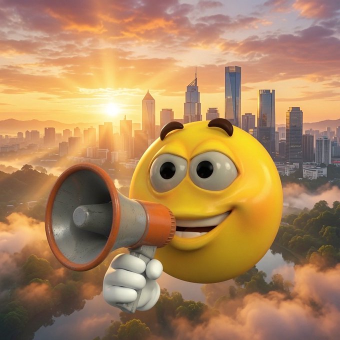 A triumphant 3D-rendered yellow smiley face gleefully shouts through a megaphone, set against a stunning sunset cityscape. The image's energetic, "big announcement" vibe perfectly matches the post's excitement about the user exclusively using the @usenoisy app to hunt gems and potentially retire through trading.