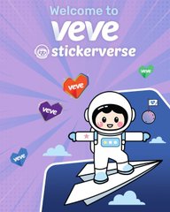 The image features a cartoon depiction of an astronaut wearing a white spacesuit with blue stars and stripes, standing on top of a paper airplane that has been designed to resemble a rocket ship. The background of the image is purple, which complements the overall theme of the post. The caption below the image reads "Welcome To Stickerverse VeVe releases new vertical on Telegram called Stickerverse Open packs or keep them sealed Keep it simple or take full ownership on-chain First Drop: VeVenaut Dropping: 6 June, 10:00 AM PT Read Veve article below for more info!".