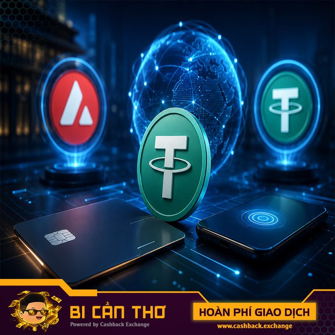 A cryptocurrency-themed advertisement for 'BÍ CÂN THƠ' displays USDT and Avalanche coins above smartphones, with text 'HOÀN PHÍ GIAO DỊCH' (refund transaction fees) and 'Powered by Cashback Exchange' at www.cashback.exchange.