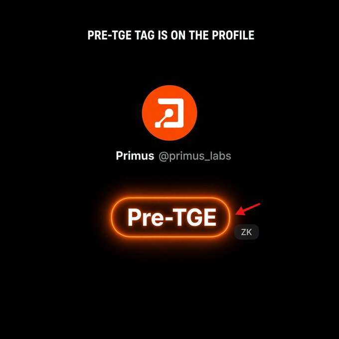 A dark promotional graphic for Primus (@primus_labs) highlighting a 'Pre-TGE' tag on their profile.
