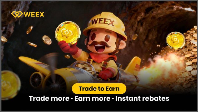 The image features a cartoon character dressed as a construction worker, holding up gold coins above his head. The text on the image reads "Trade more. Earn more. Instant rebates." This suggests that there might be an advertisement for trading or investing in something related to construction work, and the character is promoting it by showing off the gold coins.