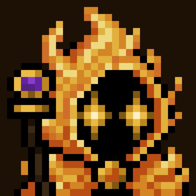 Pixel art depiction of a fiery character with glowing yellow eyes, holding a staff with a purple gem against a dark background.