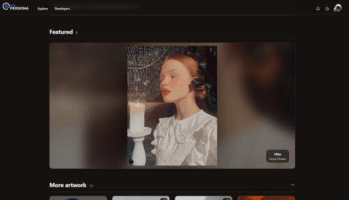 A screenshot of the 'Persona' explore page featuring artwork titled 'Hilo' by artist 'Langa Dream', showing a woman with a candle.