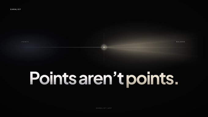 A dark graphic features "EARNLIST" in the top-left corner, with a horizontal line stretching from "POINTS" on the left to "BALANCE" on the right, intersected by a glowing dot at the center. Below, large text reads "Points aren't points." alongside "EARNLIST.APP". The minimalist visual reinforces the post's message that points will be converted into real balance/money on launch day rather than left as speculative tokens.
