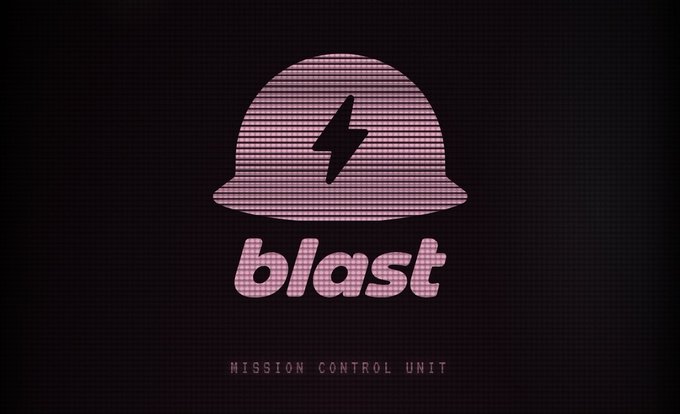 A pink neon-style graphic of a construction hard hat with a lightning bolt inside, with the text "blast" and "MISSION CONTROL UNIT" below.