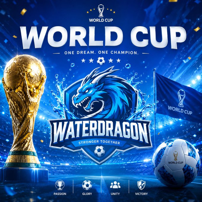 Promotional graphic for a 'World Cup' themed crypto token called WaterDragon, featuring a golden trophy, dragon logo, tagline 'Stronger Together,' and values: Passion, Glory, Unity, Victory.